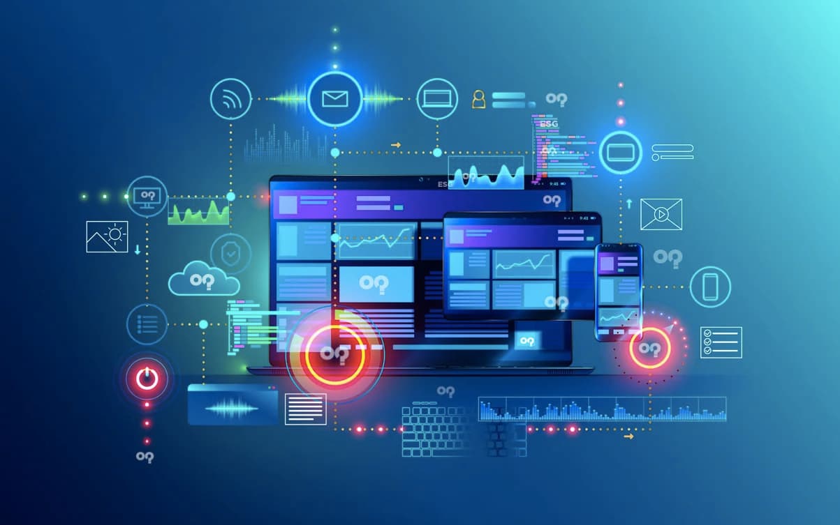 Ilustração de plataforma digital com dashboards em múltiplos dispositivos